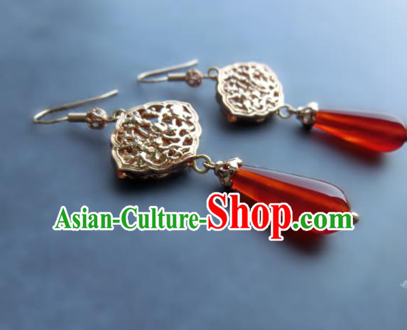 Chinese Handmade Red Agate Earrings Classical Ear Accessories Hanfu Ming Dynasty Princess Golden Eardrop