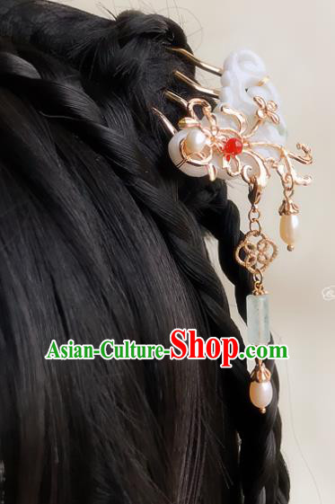 Chinese Classical Palace Pearls Jade Hair Comb Handmade Hanfu Hair Accessories Ancient Song Dynasty Empress Tassel Hairpins