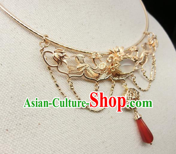 Chinese Handmade Hanfu Golden Crane Necklet Classical Jewelry Accessories Ancient Ming Dynasty Princess Agate Necklace for Women