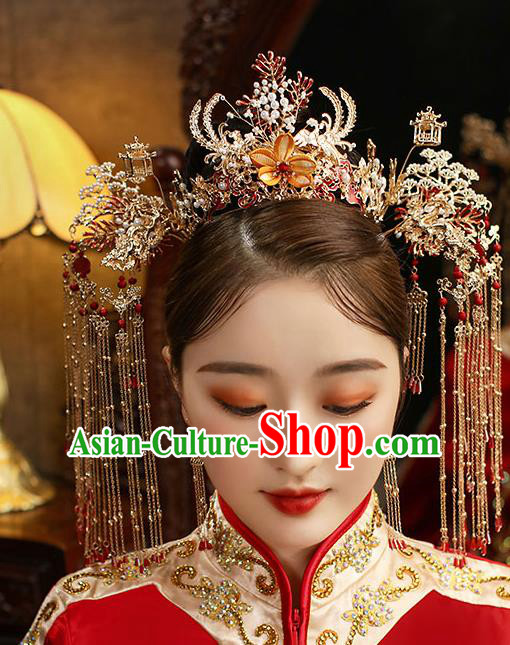 Chinese Classical Wedding Silk Flower Phoenix Coronet Handmade Hair Accessories Ancient Bride Hairpins Tassel Hair Crown Complete Set