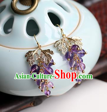 Chinese Handmade Grape Earrings Classical Ear Accessories Hanfu Ming Dynasty Princess Amethyst Beads Eardrop