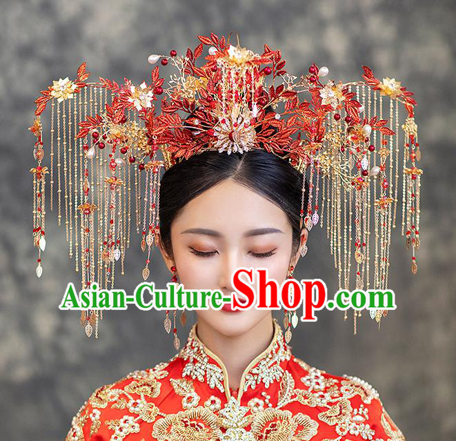 Chinese Classical Wedding Red Phoenix Coronet Handmade Hair Accessories Ancient Bride Hairpins Tassel Hair Crown Complete Set