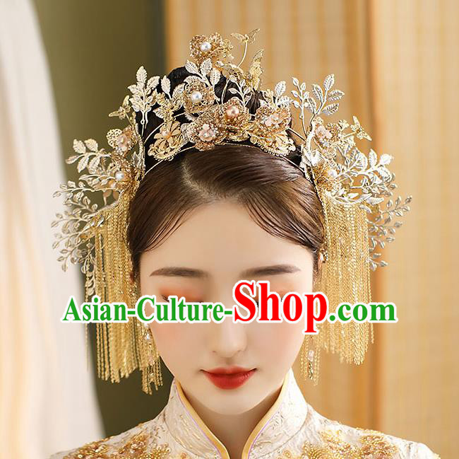 Chinese Classical Wedding Tassel Phoenix Coronet Handmade Hair Accessories Ancient Bride Golden Hair Crown Hairpins Complete Set