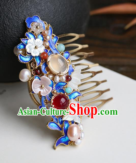 Chinese Classical Palace Blueing Hair Comb Handmade Hanfu Hair Accessories Ancient Qing Dynasty Princess Hairpins Pearls Gems Hair Crown