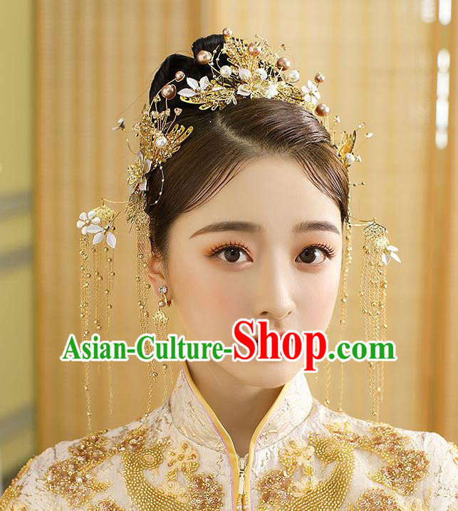 Chinese Classical Wedding Pearls Hair Crown Handmade Hair Accessories Ancient Bride Golden Tassel Hairpins Complete Set