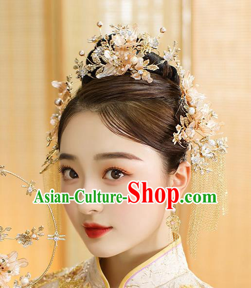 Chinese Classical Wedding Flowers Hair Crown Handmade Hair Accessories Ancient Bride Golden Tassel Hairpins Complete Set