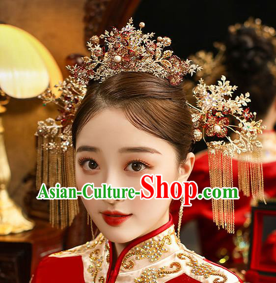 Chinese Classical Wedding Hair Crown Handmade Hair Accessories Ancient Bride Golden Hairpins Tassel Step Shake Complete Set