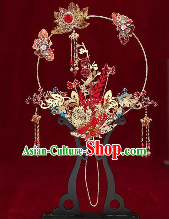 Chinese Handmade Wedding Golden Lotus Palace Fans Classical Fans Ancient Bride Red Butterfly Round Fans