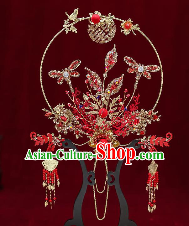 Chinese Handmade Wedding Red Dragonfly Palace Fans Classical Fans Ancient Bride Crystal Round Fans