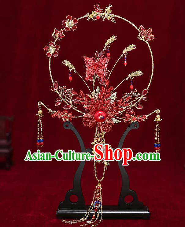 Chinese Handmade Wedding Red Butterfly Palace Fans Classical Fans Ancient Bride Tassel Round Fans