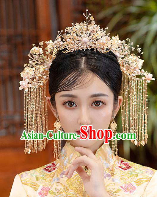 Chinese Classical Wedding Hair Crown Handmade Hair Accessories Ancient Bride Tassel Hairpins Golden Phoenix Coronet Complete Set