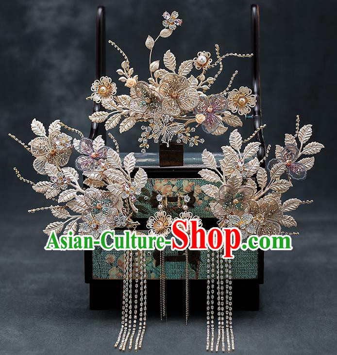 Chinese Classical Wedding Plum Blossom Hair Crown Handmade Hair Accessories Ancient Bride Tassel Hairpins Hair Sticks Complete Set