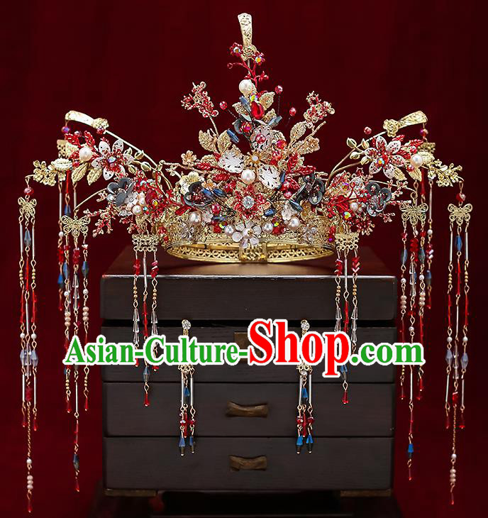 Chinese Classical Wedding Hair Crown Handmade Hair Accessories Ancient Bride Hairpins Red Beads Tassel Phoenix Coronet Complete Set