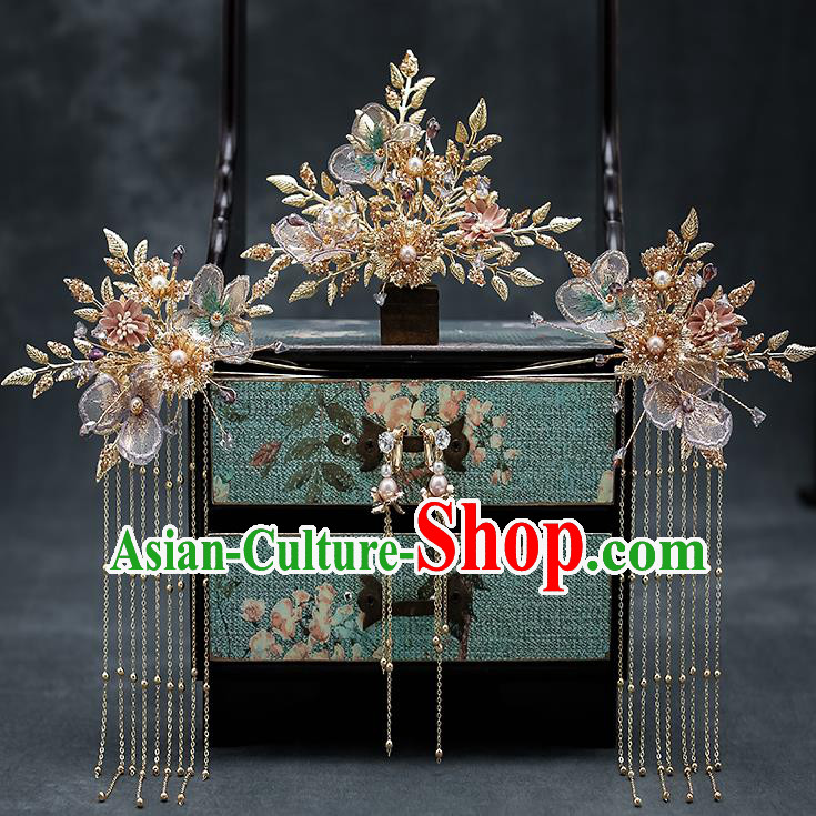 Chinese Classical Wedding Golden Hair Comb Handmade Hair Accessories Ancient Bride Hairpins Hair Crown Complete Set
