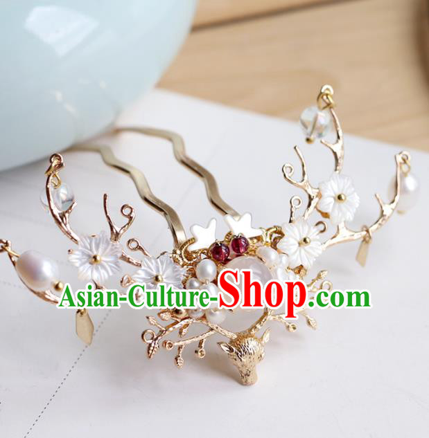 Chinese Classical Palace Shell Plum Hair Stick Handmade Hanfu Hair Accessories Ancient Qing Dynasty Princess Hairpins Golden Hair Crown