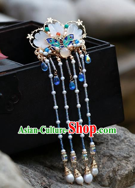 Chinese Classical Palace Blue Beads Tassel Hair Stick Handmade Hanfu Hair Accessories Ancient Qing Dynasty Princess Blueing Butterfly Hairpins