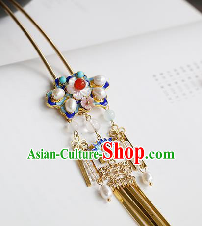 Chinese Classical Palace Pearls Golen Tassel Hair Stick Handmade Hanfu Hair Accessories Ancient Qing Dynasty Princess Blueing Lotus Hairpins