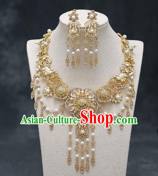 Chinese Handmade Hanfu Golden Necklet and Earrings Ancient Wedding Necklace Classical Jewelry Accessories for Women