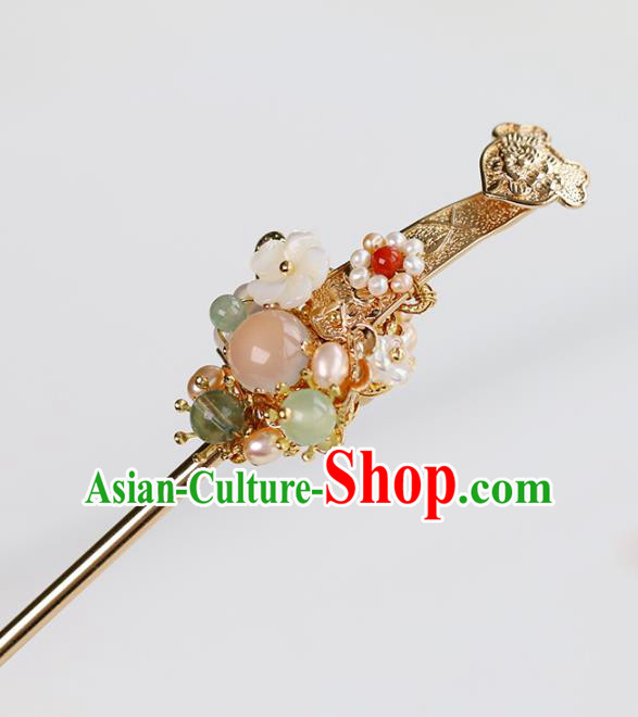 Chinese Classical Palace Golden Hair Stick Handmade Hanfu Hair Accessories Ancient Ming Dynasty Princess Chalcedony Hairpins