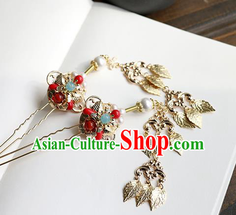 Chinese Classical Palace Golden Leaf Tassel Hair Stick Handmade Hanfu Hair Accessories Ancient Ming Dynasty Princess Hairpins