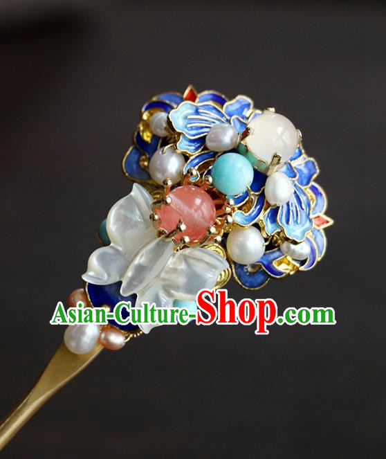 Chinese Classical Palace Gems Blueing Hair Stick Handmade Hanfu Hair Accessories Ancient Ming Dynasty Princess Pearls Shell Butterfly Hairpins