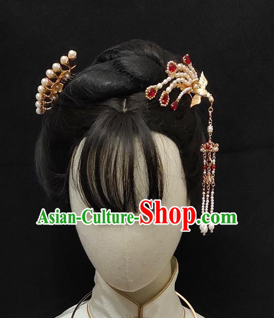 Chinese Classical Pearls Phoenix Hair Stick Handmade Hanfu Hair Accessories Ancient Ming Dynasty Princess Hairpins