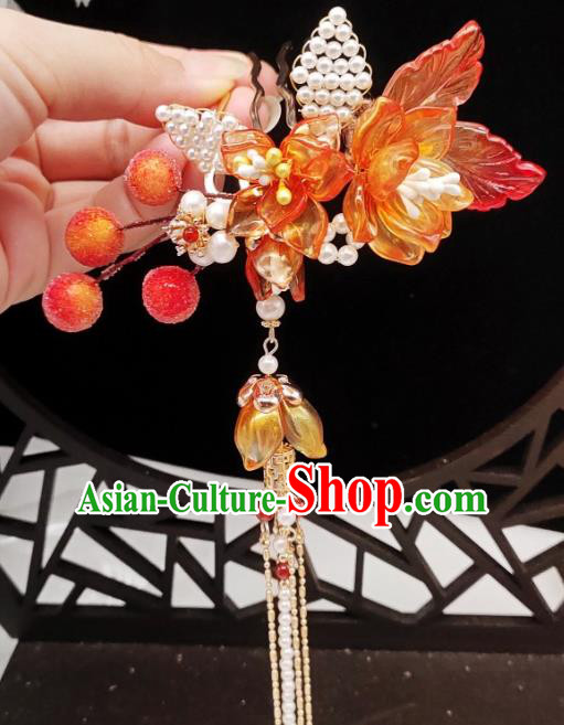 Chinese Classical Orange Flowers Hair Comb Handmade Hanfu Hair Accessories Ancient Song Dynasty Princess Tassel Hairpins