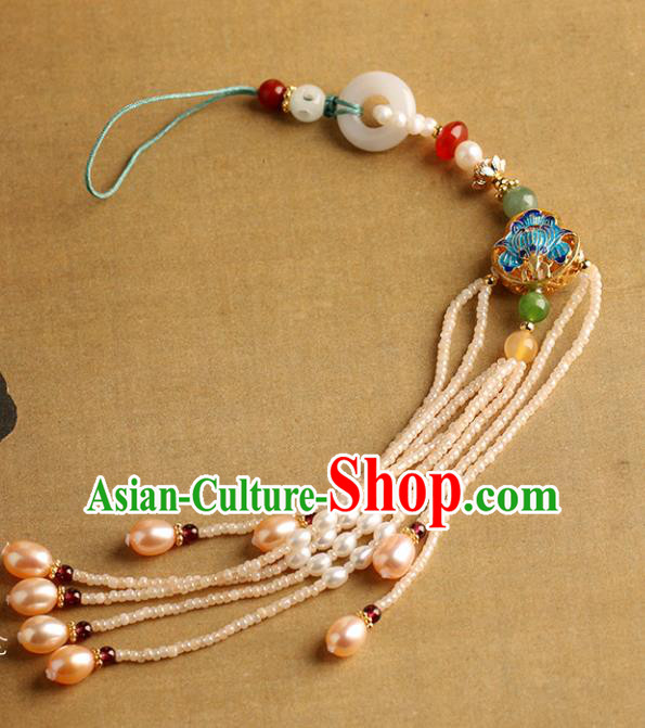 Chinese Handmade Classical Pearls Tassel Jewelry Accessories Ancient Ming Dynasty Hanfu Jade Blueing Brooch for Women