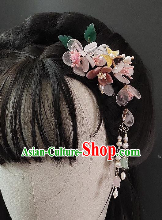 Chinese Classical Pink Flowers Tassel Hair Stick Handmade Hanfu Hair Accessories Ancient Song Dynasty Princess Aventurine Hairpins