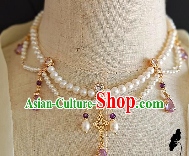 Chinese Handmade Ming Dynasty Purple Crystal Necklet Classical Jewelry Accessories Ancient Princess Hanfu Pearls Necklace for Women