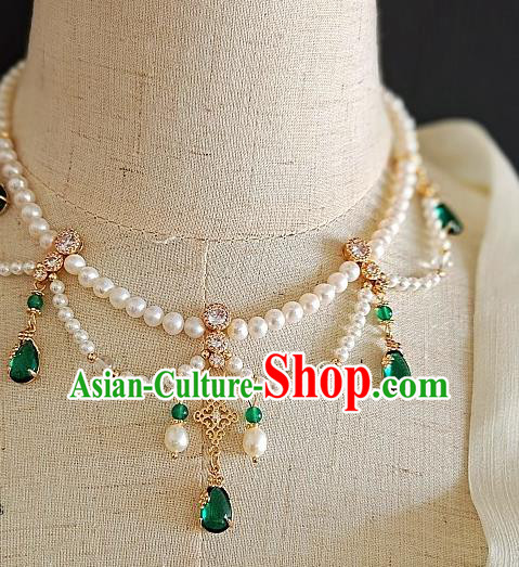 Chinese Handmade Ming Dynasty Green Crystal Necklet Classical Jewelry Accessories Ancient Princess Hanfu Pearls Necklace for Women