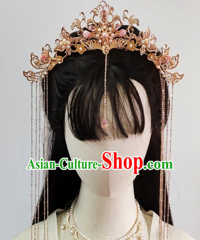 Chinese Classical Pink Rose Phoenix Coronet Handmade Hanfu Hair Accessories Ancient Tang Dynasty Princess Hairpins Golden Hair Crown