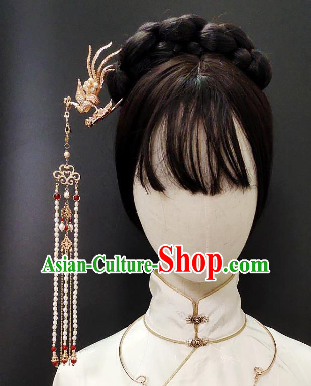 Chinese Classical Pearls Tassel Hair Sticks Handmade Hanfu Hair Accessories Ancient Tang Dynasty Princess Hairpins Golden Phoenix Hair Clip