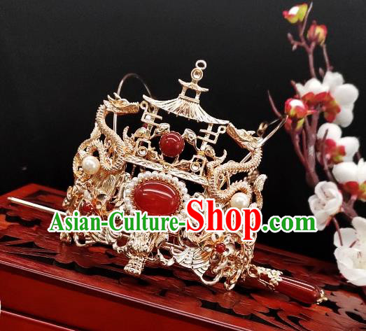 Chinese Classical Agate Hair Stick Handmade Hanfu Hair Accessories Ancient Tang Dynasty Princess Hairpins Golden Dragon Hair Crown