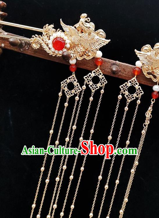 Chinese Classical Golden Tassel Hair Stick Handmade Hanfu Hair Accessories Ancient Tang Dynasty Princess Phoenix Hairpins