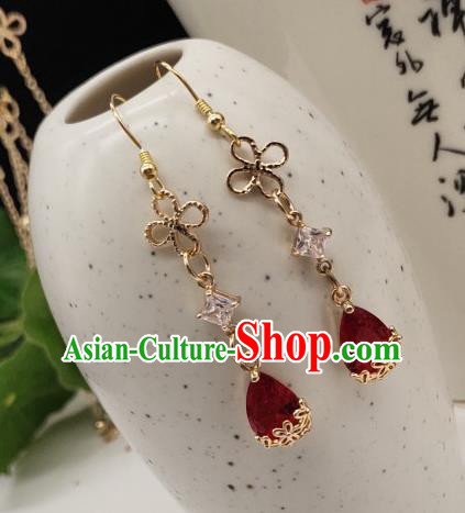 Chinese Handmade Red Crystal Earrings Classical Ear Accessories Hanfu Ming Dynasty Princess Eardrop
