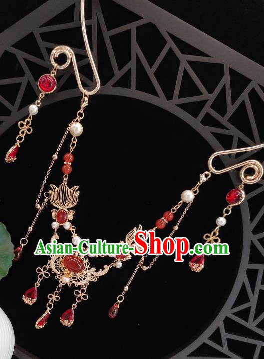 Chinese Handmade Ming Dynasty Hanfu Red Crystal Tassel Necklet Classical Jewelry Accessories Ancient Princess Goldfish Necklace for Women