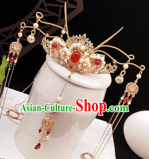 Chinese Classical Pearls Phoenix Coronet Handmade Hanfu Hair Accessories Ancient Tang Dynasty Princess Hairpins Tassel Hair Crown