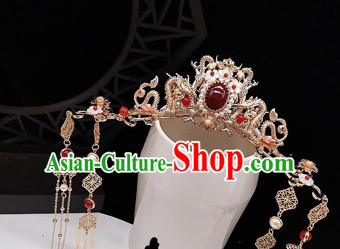 Chinese Classical Golden Dragon Phoenix Coronet Handmade Hanfu Hair Accessories Ancient Tang Dynasty Princess Hairpins Agate Hair Crown