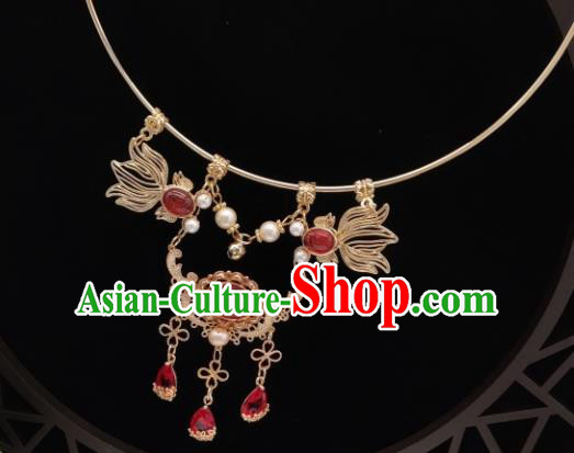 Chinese Handmade Ming Dynasty Hanfu Red Quartz Necklet Classical Jewelry Accessories Ancient Princess Golden Necklace for Women