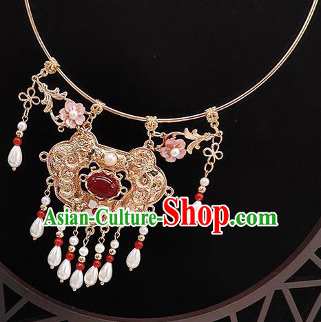 Chinese Handmade Ming Dynasty Hanfu Agate Necklet Classical Jewelry Accessories Ancient Princess Golden Longevity Lock Necklace for Women