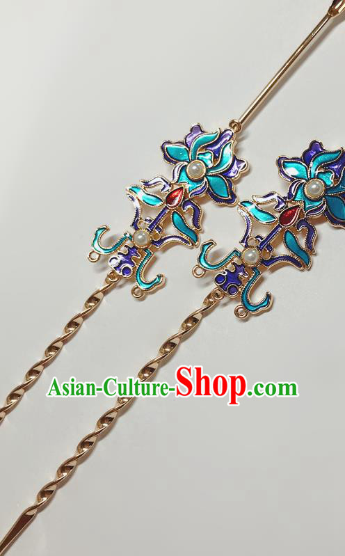 Chinese Classical Blueing Curette Hair Stick Handmade Hanfu Hair Accessories Ancient Qing Dynasty Empress Hairpins