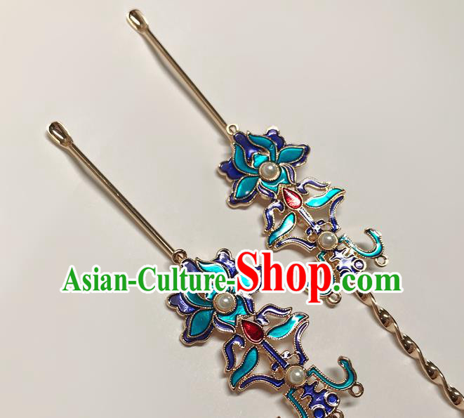 Chinese Classical Blueing Curette Hair Stick Handmade Hanfu Hair Accessories Ancient Qing Dynasty Empress Hairpins