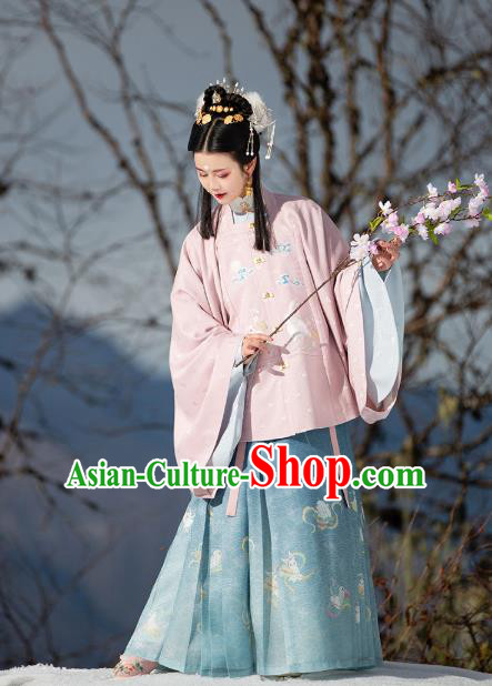 Chinese Ancient Hanfu Apparels Traditional Ming Dynasty Historical Costumes Patrician Lady Embroidered Pink Blouse and Skirt Full Set