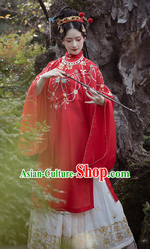 Chinese Ancient Court Lady Hanfu Apparels Traditional Ming Dynasty Palace Princess Historical Costumes Embroidered Red Gown and Skirt Full Set