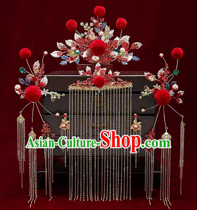 Chinese Classical Wedding Red Venonat Hair Crown Handmade Hair Accessories Ancient Bride Hairpins Hair Comb Complete Set