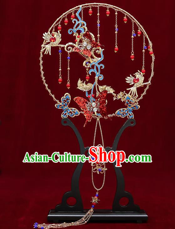 Chinese Handmade Wedding Blueing Butterfly Palace Fans Classical Fans Ancient Bride Red Round Fans