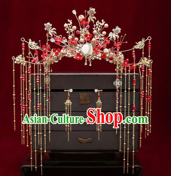 Chinese Classical Wedding Red Beads Hair Crown Handmade Hair Accessories Ancient Bride Hairpins Tassel Phoenix Coronet Complete Set