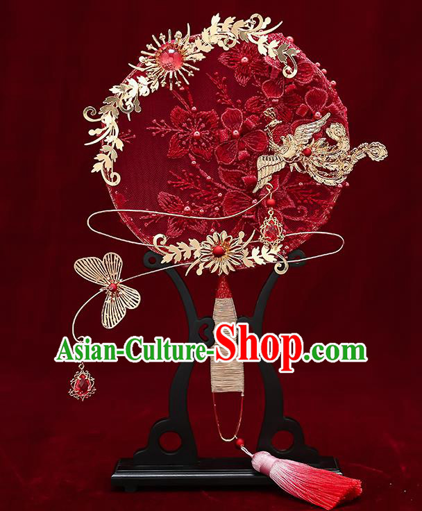 Chinese Handmade Wedding Red Lace Flowers Palace Fans Classical Fans Ancient Bride Golden Butterfly Round Fans