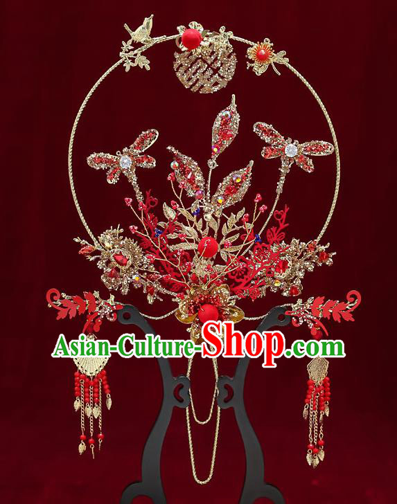 Chinese Handmade Wedding Red Crystal Dragonfly Palace Fans Classical Fans Ancient Bride Golden Round Fans